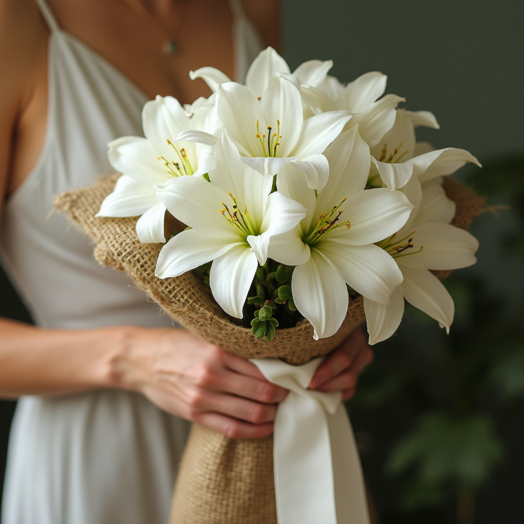 JÜT KUMAŞTA 9 ADET LİLYUM GELİN BUKETİ