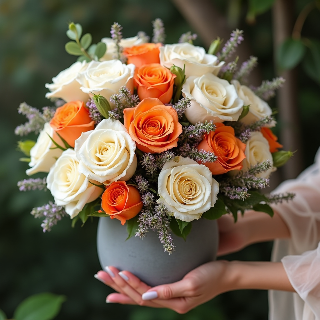 VAZODA TURUNCU BEYAZ GÜL ARANJMANI